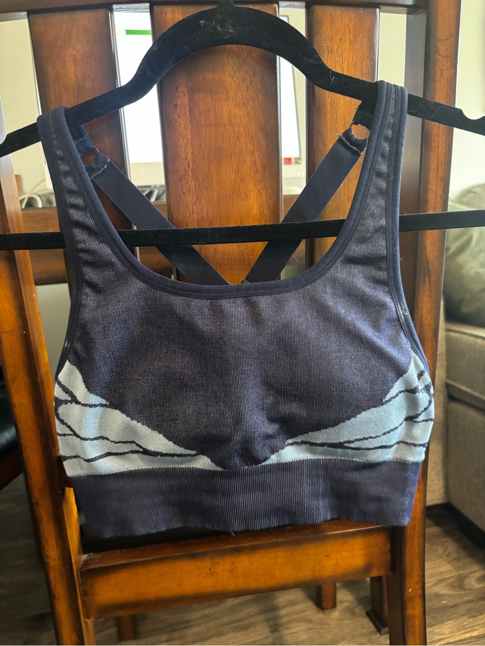 Fabletics Navy Sports Bra with Light Blue Stripe Detail